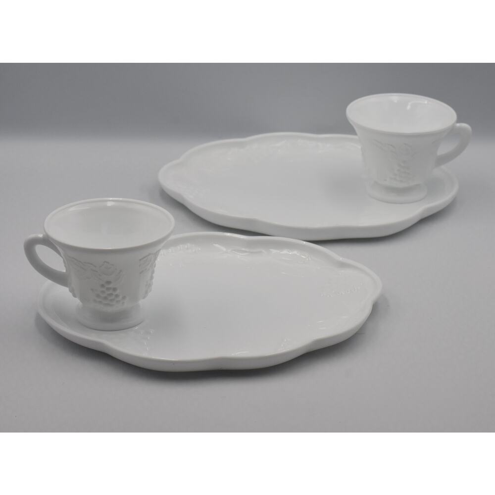 Indiana Colony White Harvest Milk Glass Grape Luncheon Snack Tray & Cup 4pc Set